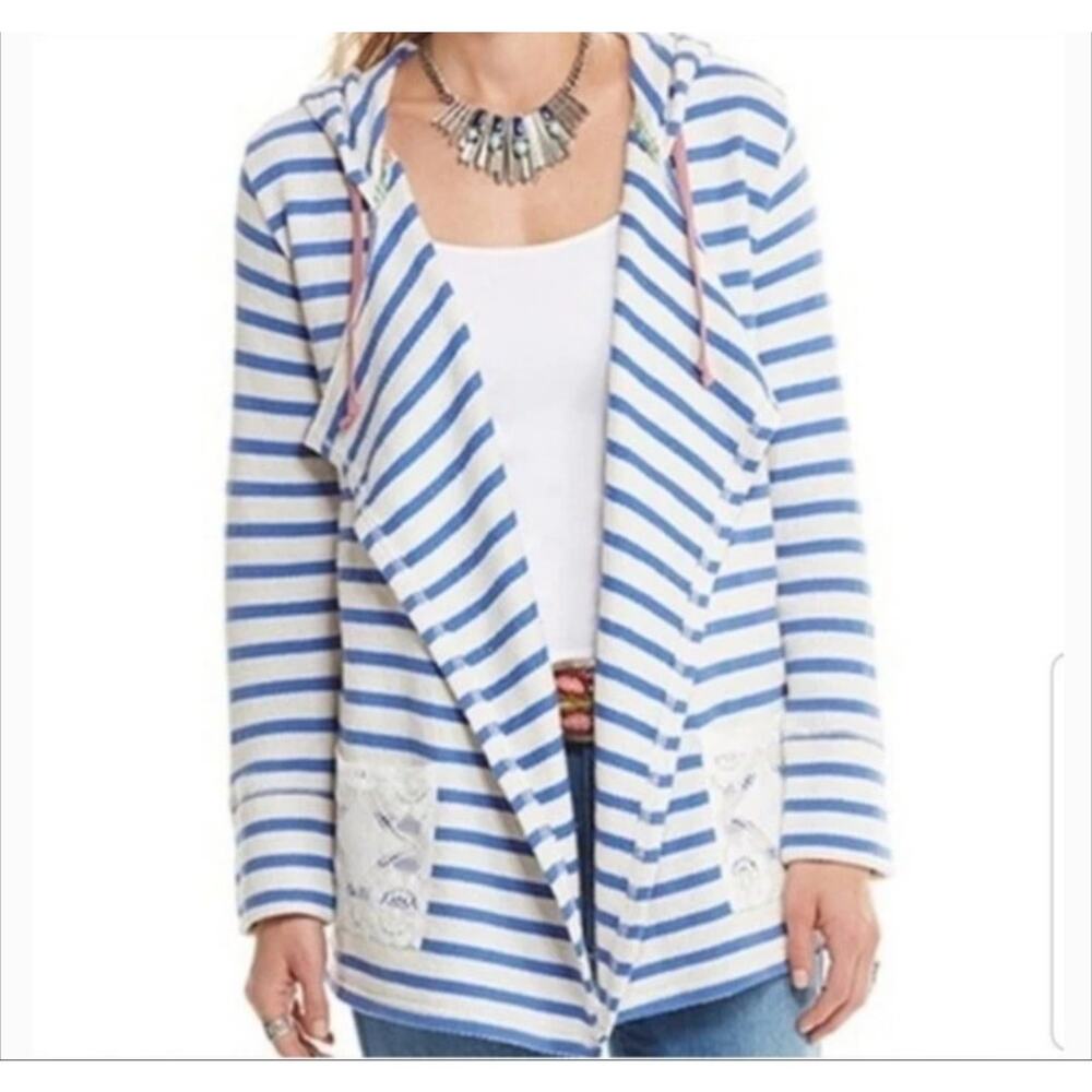 Matilda Jane Midway Blue Striped Open Front Hooded Cardigan Lace Detail Size M